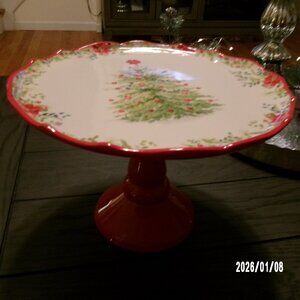 PIONEER WOMAN Stoneware CHRISTMAS TREE Holiday High Pedestal 10 CAKE STAND Plate